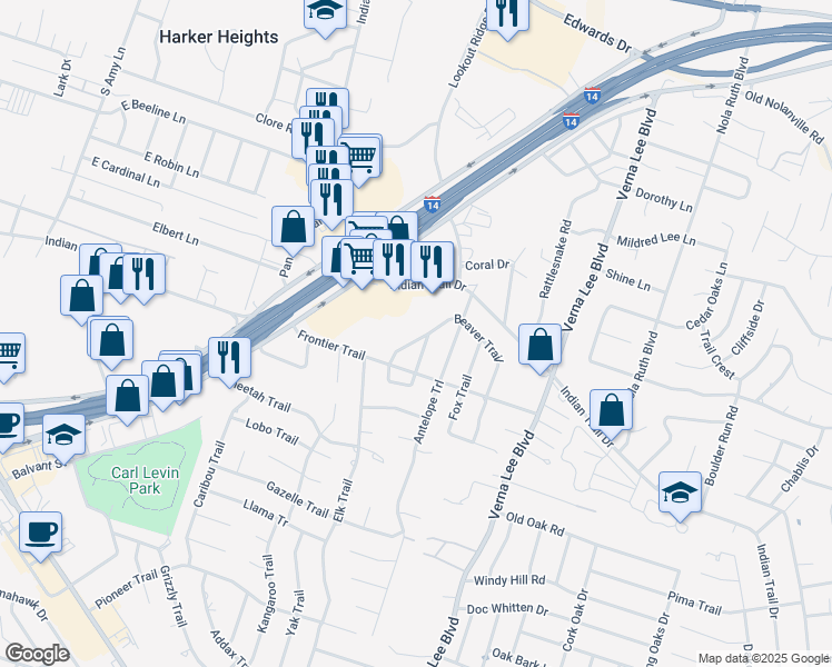 map of restaurants, bars, coffee shops, grocery stores, and more near 803 Beaver Trail in Harker Heights