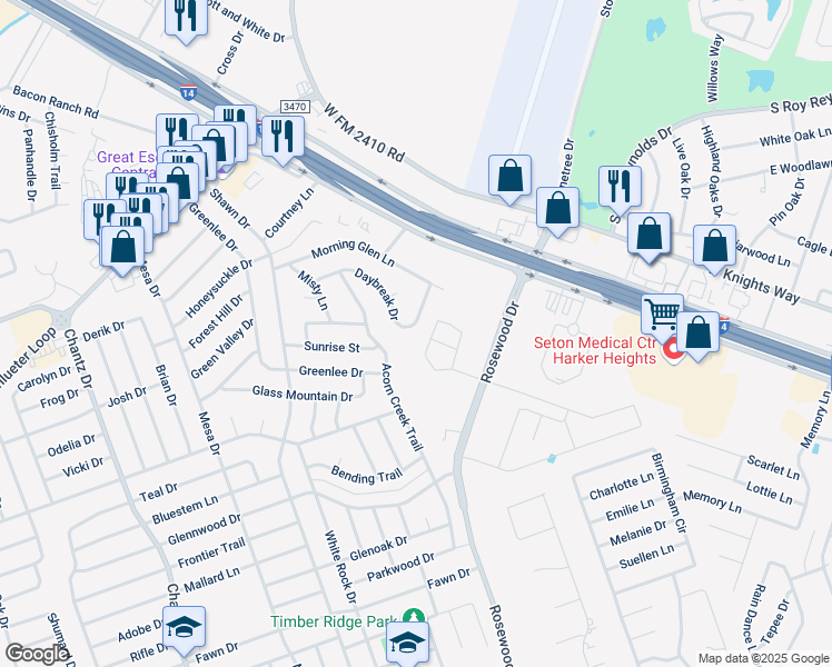 map of restaurants, bars, coffee shops, grocery stores, and more near 5218 Daybreak Drive in Killeen