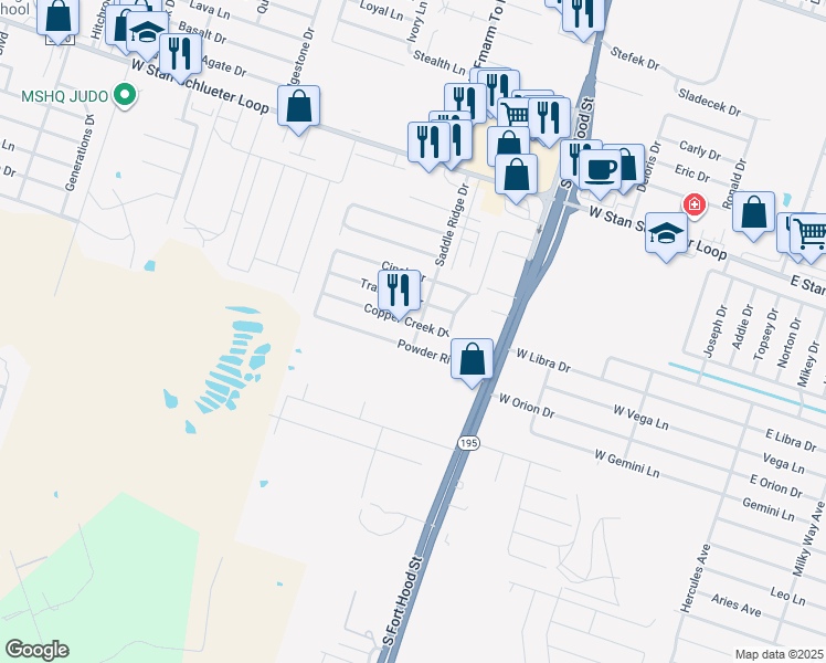 map of restaurants, bars, coffee shops, grocery stores, and more near 1210 Copper Creek Drive in Killeen