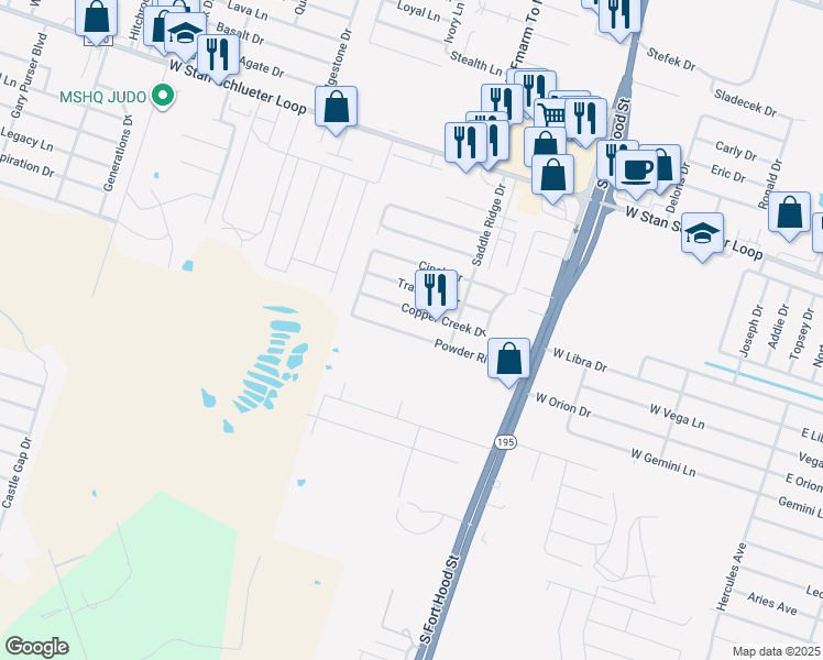 map of restaurants, bars, coffee shops, grocery stores, and more near 1311 Powder River Drive in Killeen