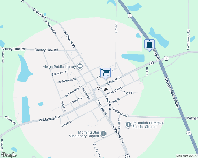 map of restaurants, bars, coffee shops, grocery stores, and more near 2014 Church Street in Meigs