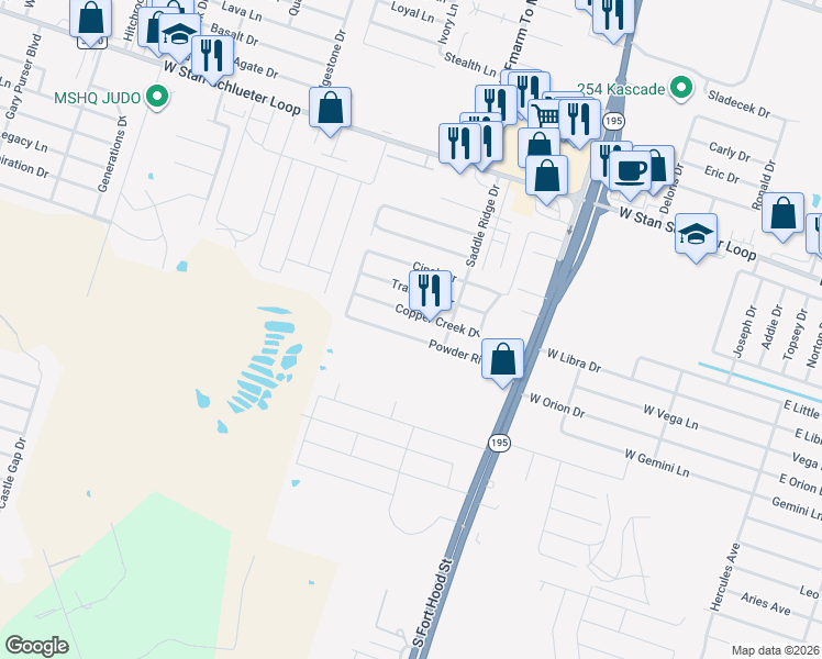 map of restaurants, bars, coffee shops, grocery stores, and more near 1311 Powder River Drive in Killeen