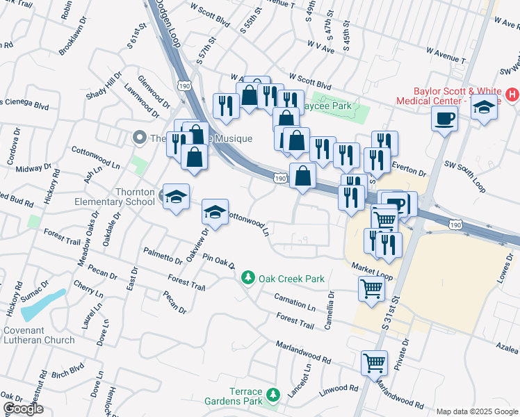 map of restaurants, bars, coffee shops, grocery stores, and more near 3005 Jack Rabbit Road in Temple