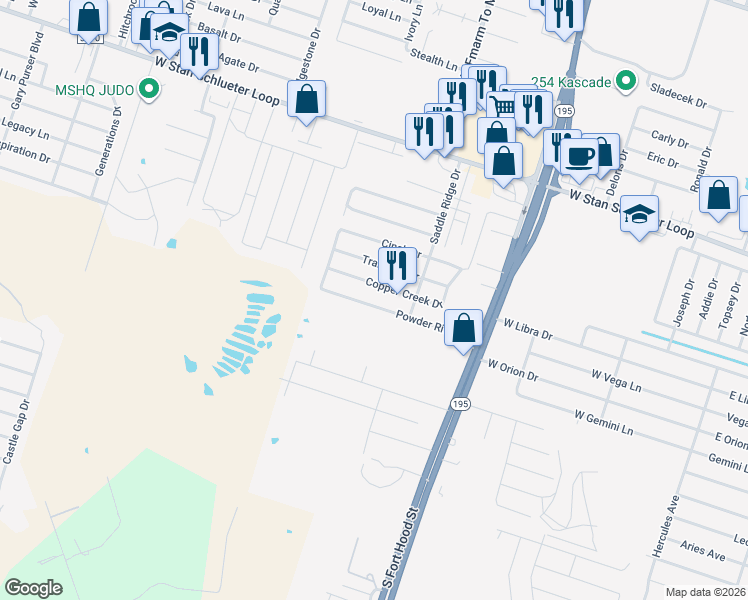 map of restaurants, bars, coffee shops, grocery stores, and more near 1311 Powder River Drive in Killeen