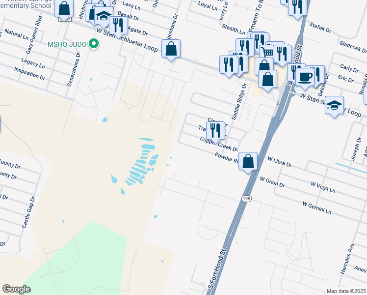 map of restaurants, bars, coffee shops, grocery stores, and more near 1412 Powder River Drive in Killeen