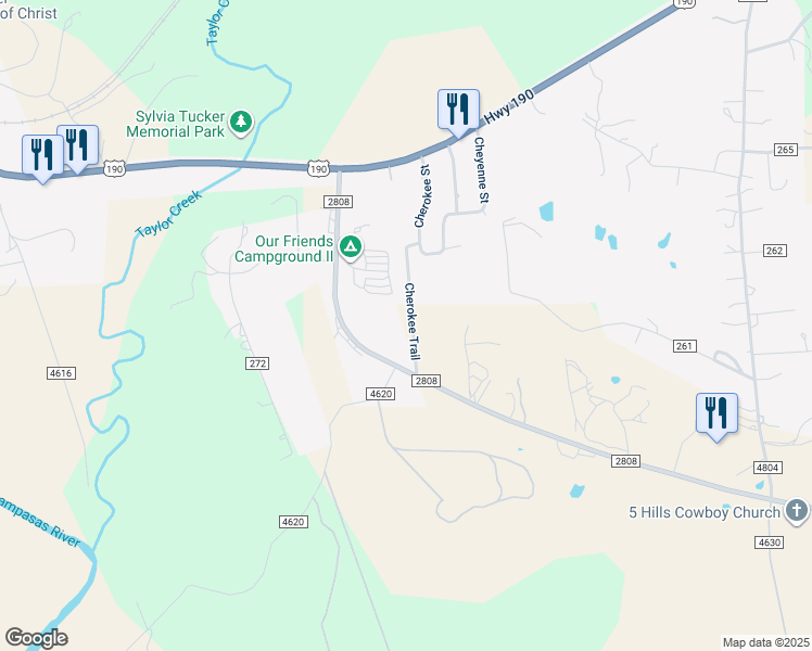 map of restaurants, bars, coffee shops, grocery stores, and more near 1006 Cherokee Trail in Kempner