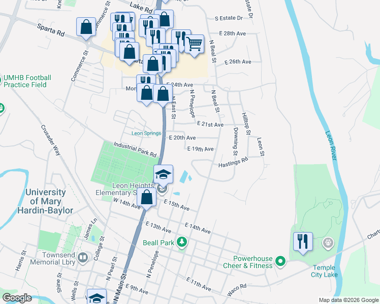 map of restaurants, bars, coffee shops, grocery stores, and more near 305 East 19th Avenue in Belton