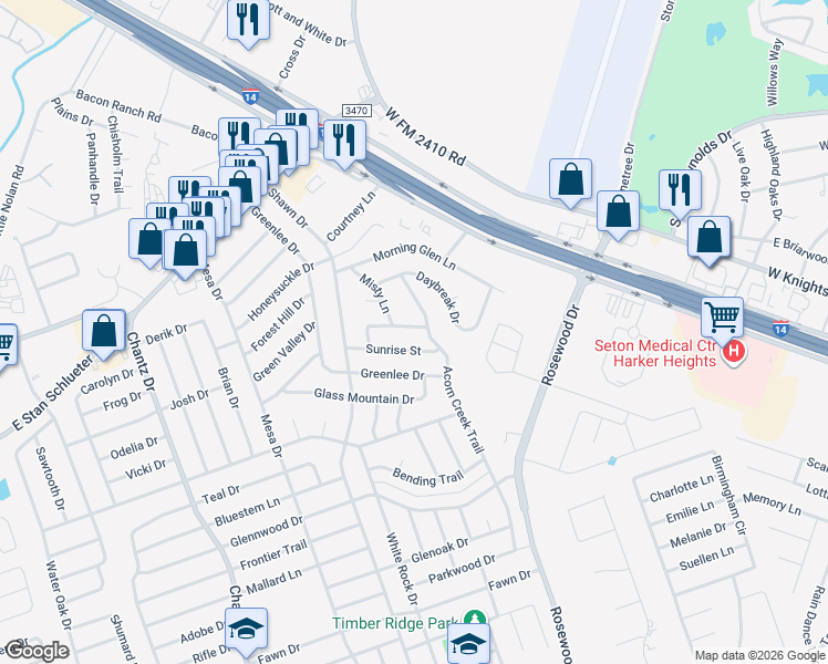 map of restaurants, bars, coffee shops, grocery stores, and more near 5008 Morning Star Lane in Killeen