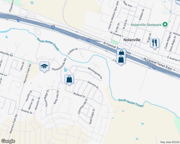 map of restaurants, bars, coffee shops, grocery stores, and more near 82 Redbud Road in Nolanville