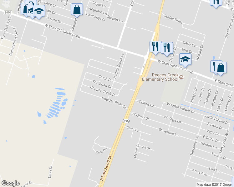 map of restaurants, bars, coffee shops, grocery stores, and more near 1201 Copper Creek Drive in Killeen
