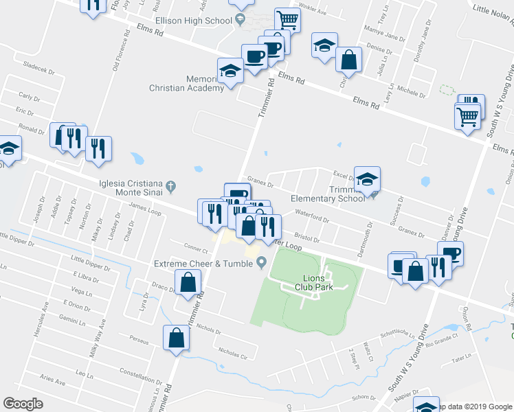 map of restaurants, bars, coffee shops, grocery stores, and more near 1201 Waterford Drive in Killeen