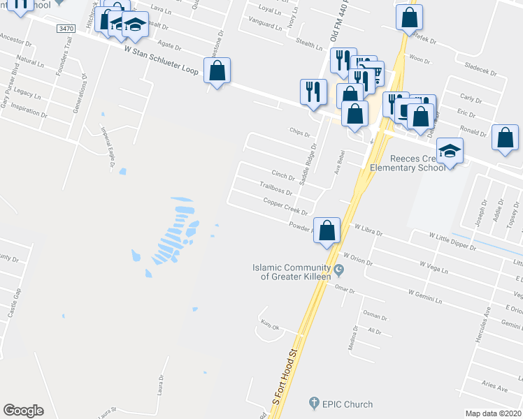 map of restaurants, bars, coffee shops, grocery stores, and more near 1311 Powder River Drive in Killeen