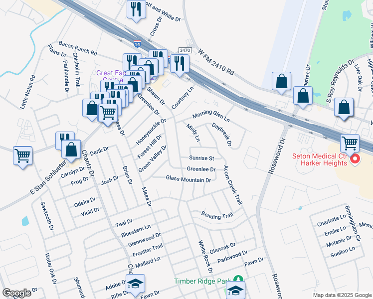 map of restaurants, bars, coffee shops, grocery stores, and more near 4904 Morning Star Lane in Killeen