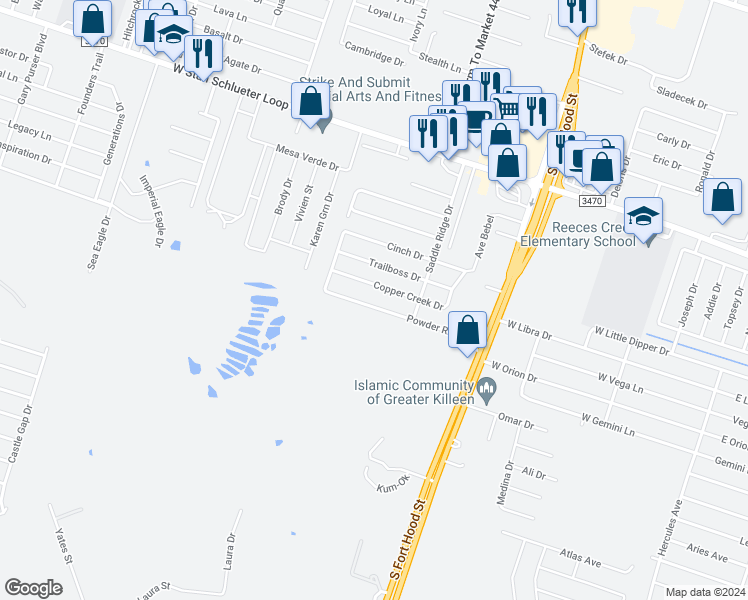 map of restaurants, bars, coffee shops, grocery stores, and more near 1311 Powder River Drive in Killeen