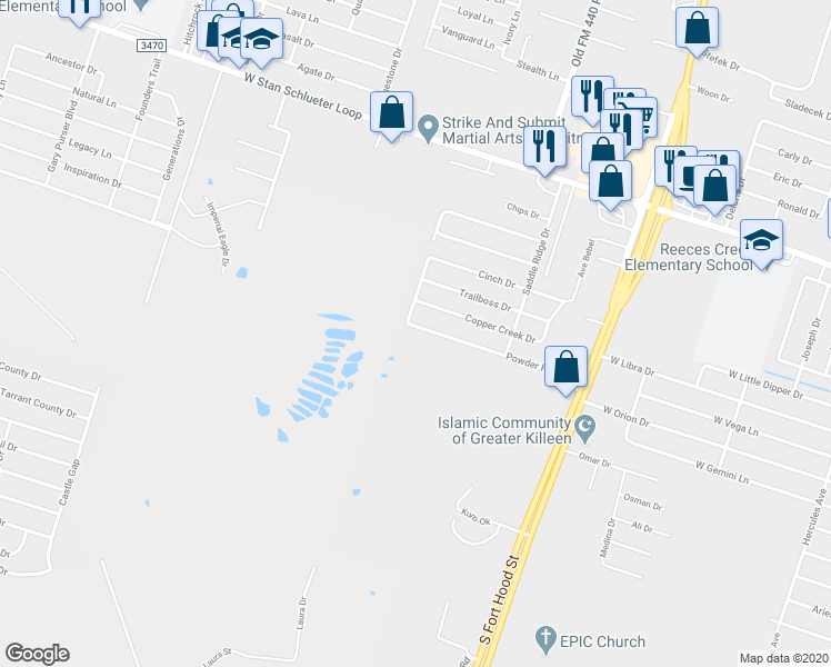 map of restaurants, bars, coffee shops, grocery stores, and more near 1500 Powder River Drive in Killeen