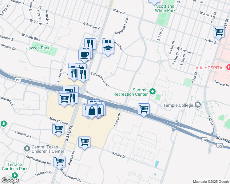 map of restaurants, bars, coffee shops, grocery stores, and more near 702 Southwest H K Dodgen Loop in Temple
