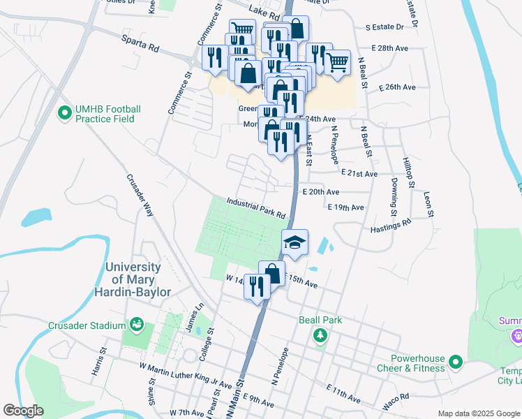 map of restaurants, bars, coffee shops, grocery stores, and more near 214 Industrial Park Road in Belton