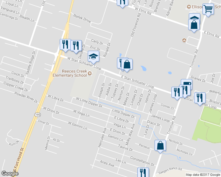 map of restaurants, bars, coffee shops, grocery stores, and more near 4904 Addie Drive in Killeen
