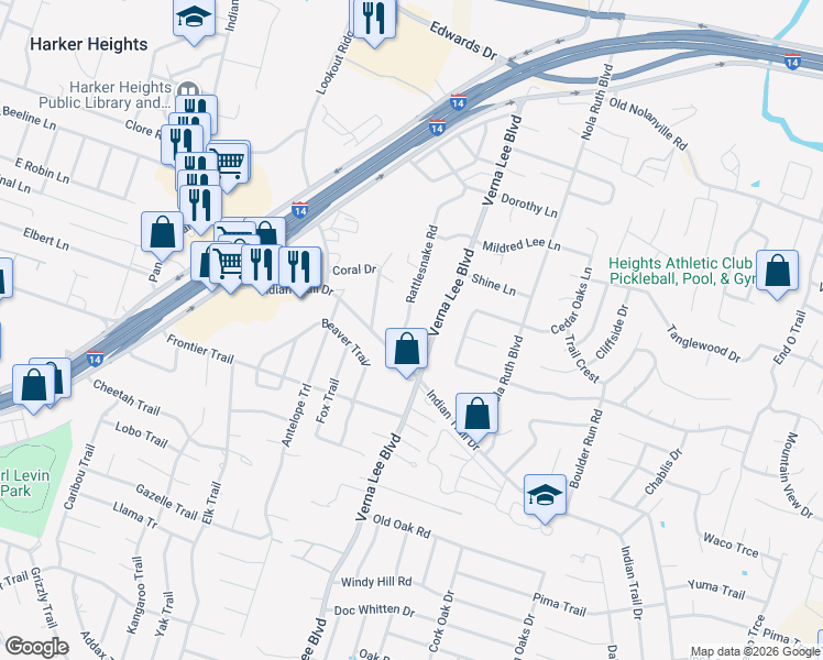 map of restaurants, bars, coffee shops, grocery stores, and more near 941 Rattlesnake Road in Harker Heights