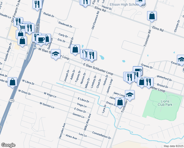 map of restaurants, bars, coffee shops, grocery stores, and more near 4802 Mikey Drive in Killeen
