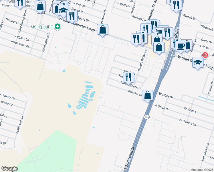 map of restaurants, bars, coffee shops, grocery stores, and more near 1502 Powder River Drive in Killeen