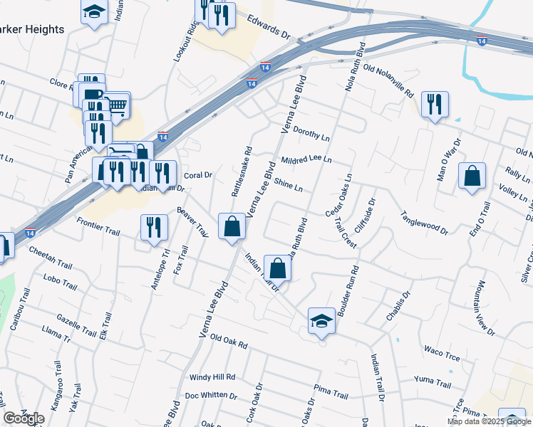 map of restaurants, bars, coffee shops, grocery stores, and more near 1118 Cedar Oaks Lane in Harker Heights