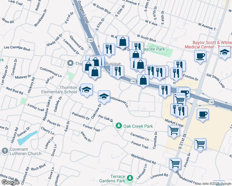 map of restaurants, bars, coffee shops, grocery stores, and more near 3005 Jack Rabbit Road in Temple