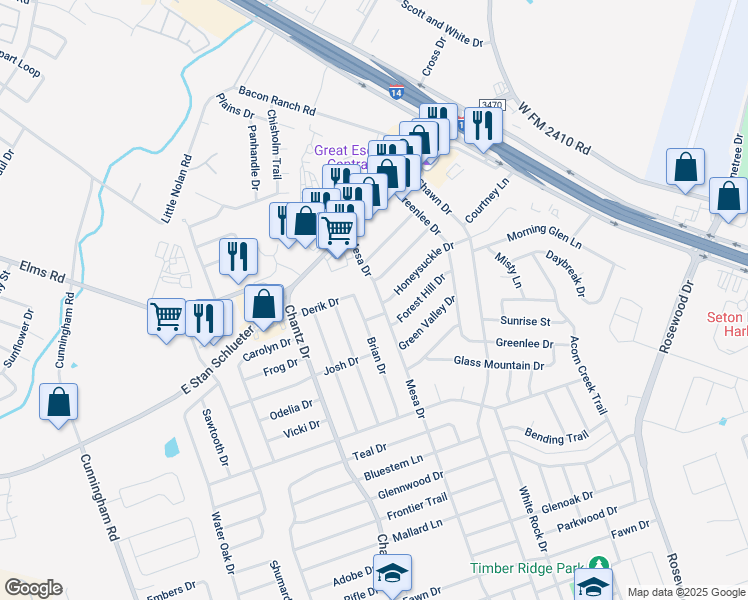 map of restaurants, bars, coffee shops, grocery stores, and more near 4308 Mesa Drive in Killeen