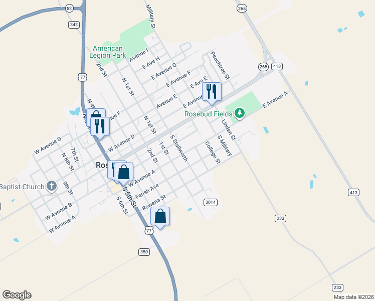 map of restaurants, bars, coffee shops, grocery stores, and more near 207 East Avenue A in Rosebud