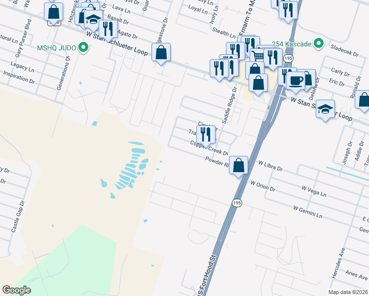 map of restaurants, bars, coffee shops, grocery stores, and more near 1311 Powder River Drive in Killeen