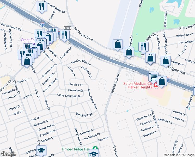 map of restaurants, bars, coffee shops, grocery stores, and more near 5218 Daybreak Drive in Killeen