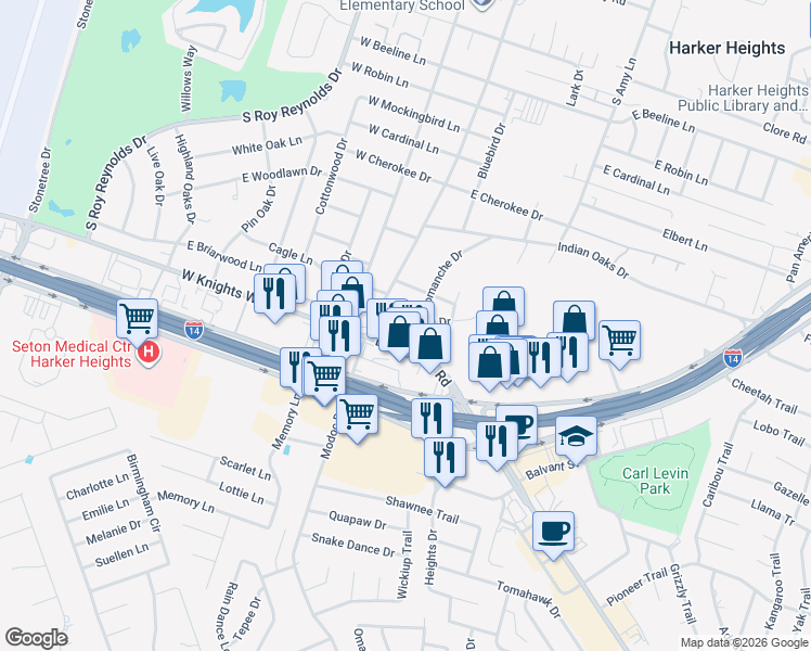map of restaurants, bars, coffee shops, grocery stores, and more near 108 Arrowhead Drive in Harker Heights