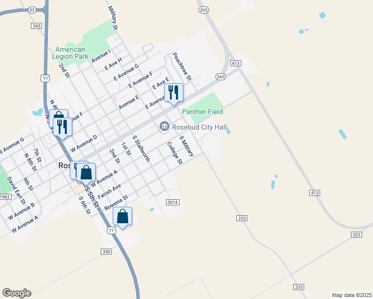 map of restaurants, bars, coffee shops, grocery stores, and more near 421 Farish Avenue in Rosebud