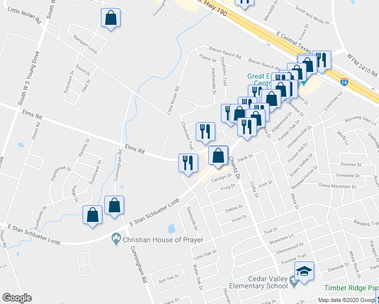 map of restaurants, bars, coffee shops, grocery stores, and more near 3333 Chisholm Trail in Killeen