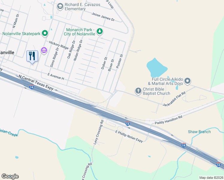 map of restaurants, bars, coffee shops, grocery stores, and more near 100 Pointer Street in Nolanville