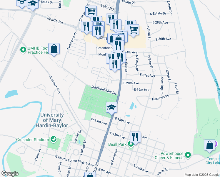 map of restaurants, bars, coffee shops, grocery stores, and more near 110 Industrial Park Road in Belton