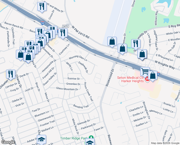 map of restaurants, bars, coffee shops, grocery stores, and more near 5202 Daybreak Drive in Killeen