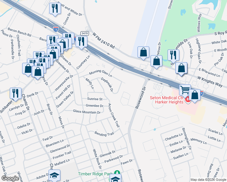 map of restaurants, bars, coffee shops, grocery stores, and more near 5203 Daybreak Drive in Killeen