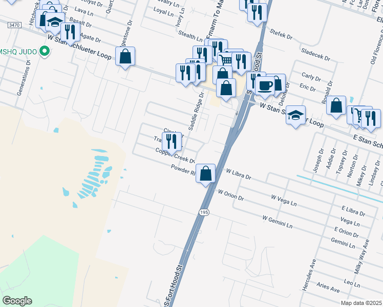 map of restaurants, bars, coffee shops, grocery stores, and more near 1201 Copper Creek Drive in Killeen