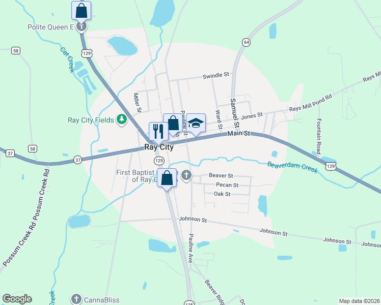 map of restaurants, bars, coffee shops, grocery stores, and more near 505 Pauline Avenue in Ray City