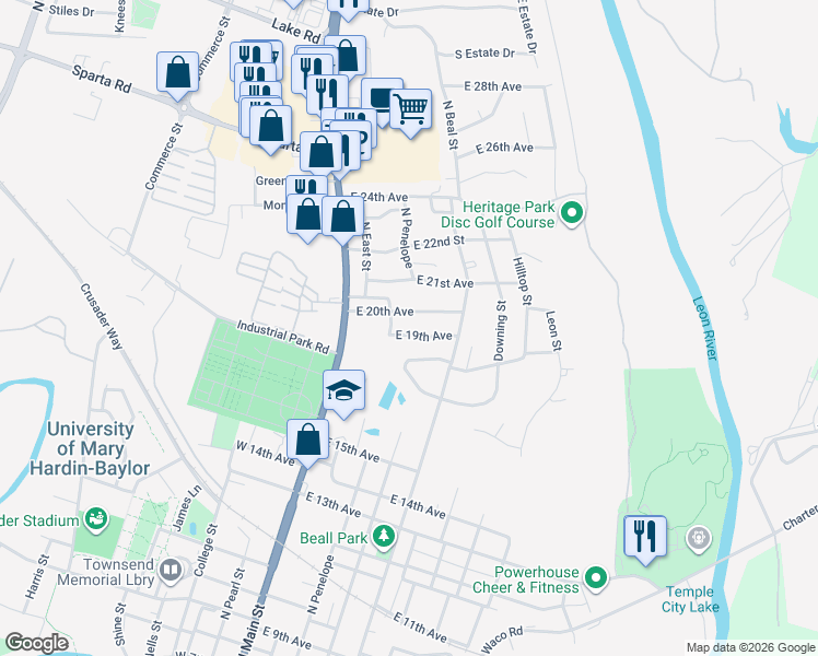 map of restaurants, bars, coffee shops, grocery stores, and more near 308 East 19th Avenue in Belton