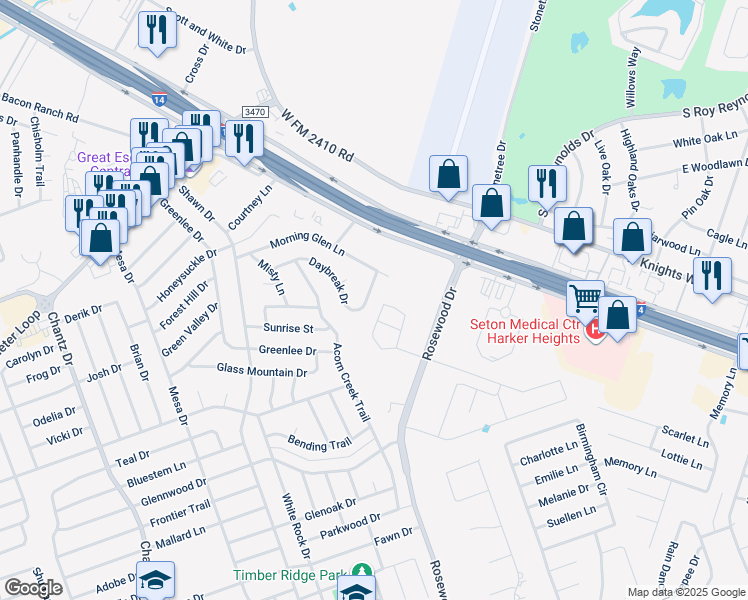 map of restaurants, bars, coffee shops, grocery stores, and more near 5218 Daybreak Drive in Killeen