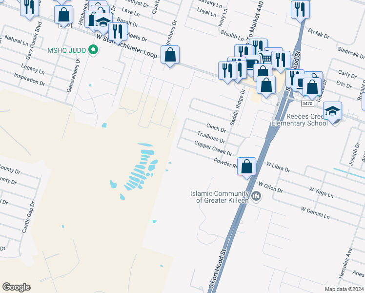 map of restaurants, bars, coffee shops, grocery stores, and more near 1412 Powder River Drive in Killeen