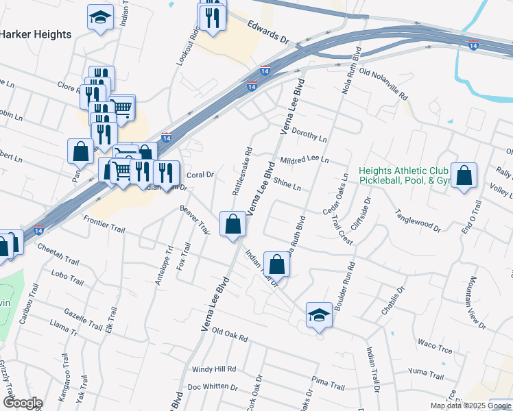 map of restaurants, bars, coffee shops, grocery stores, and more near 1118 Cedar Oaks Lane in Harker Heights