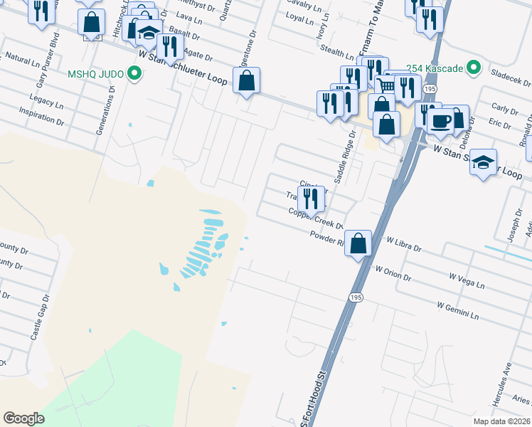 map of restaurants, bars, coffee shops, grocery stores, and more near 1412 Powder River Drive in Killeen
