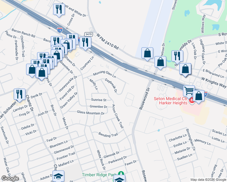 map of restaurants, bars, coffee shops, grocery stores, and more near 5202 Daybreak Drive in Killeen