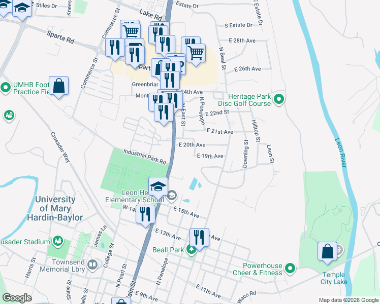 map of restaurants, bars, coffee shops, grocery stores, and more near 1805 North Main Street in Belton