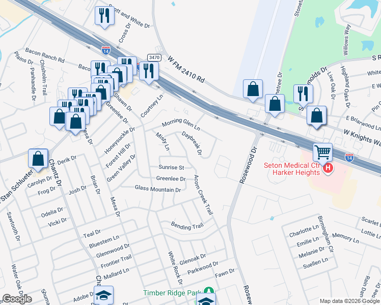 map of restaurants, bars, coffee shops, grocery stores, and more near 4410 Acorn Creek Trail in Killeen