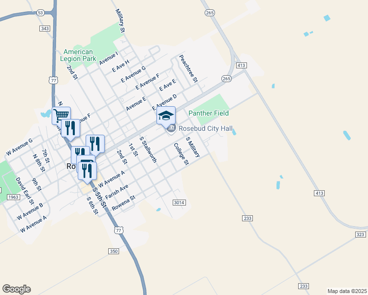 map of restaurants, bars, coffee shops, grocery stores, and more near 421 Farish Avenue in Rosebud