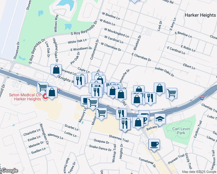 map of restaurants, bars, coffee shops, grocery stores, and more near 1901 South Ann Boulevard in Harker Heights